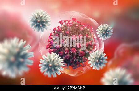 Viral infection in blood. Immunity fights disease. White blood cells attack viruses. Viral mutations and immune defense 3D illustration Stock Photo