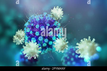 Virus, germs, microbe, bacterium, pathogen organism, leukocyte 3D illustration. Viral infection. Immunity fights disease. White blood cells attack inf Stock Photo