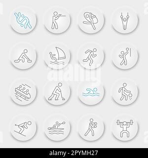 Summer sport line icon set, sport symbols collection, vector sketches, neumorphic UI UX buttons, sportsman signs linear pictograms package isolated on white background, eps 10. Stock Vector