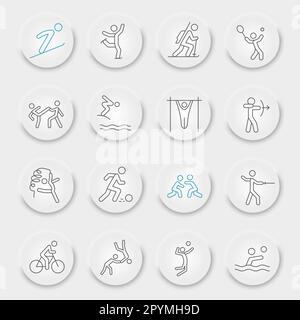 Summer sport line icon set, sport symbols collection, vector sketches, neumorphic UI UX buttons, sportsman signs linear pictograms package isolated on white background, eps 10. Stock Vector