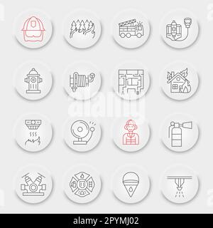 Firefighter line icon set, fireman symbols collection, vector sketches, neumorphic UI UX buttons, fire safety signs linear pictograms package isolated on white background, eps 10. Stock Vector