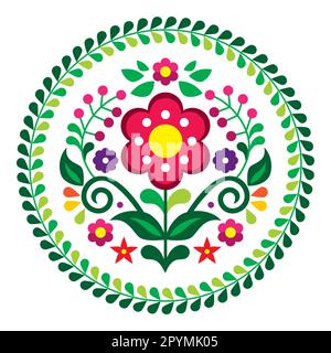 Mexican folk art style vector mandala floral pattern in frame, colorful round composition inspired by traditional embroidery designs from Mexico Stock Vector