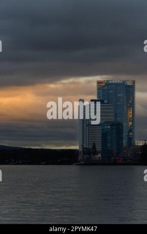 The DHL headquarters, the UN-Campus Tower, located on the banks of the River Rhine in Bonn, Germany Stock Photo