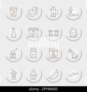 Coffee line icon set, cafe symbols collection, vector sketches, neumorphic UI UX buttons, caffeine signs linear pictograms package isolated on white background, eps 10. Stock Vector
