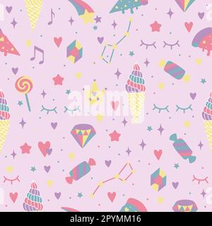 Seamless background with hearts, rainbows, stars, diamonds, crowns. Creative background for nursery. Perfect for kids design, fabric, packaging Stock Vector