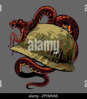 helmet, vector, design, illustration, symbol, snake, logo, art, icon, vintage, retro, head, warrior, print, skull, sign, tattoo, mascot, isolated, bad Stock Vector