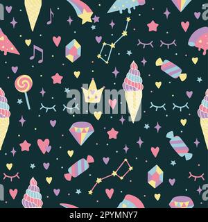 Seamless background with hearts, rainbows, stars, diamonds, crowns. Creative background for nursery. Perfect for kids design, fabric, packaging Stock Vector