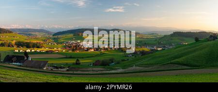 panoramic view of Biglen towards the alps in Emmental Stock Photo