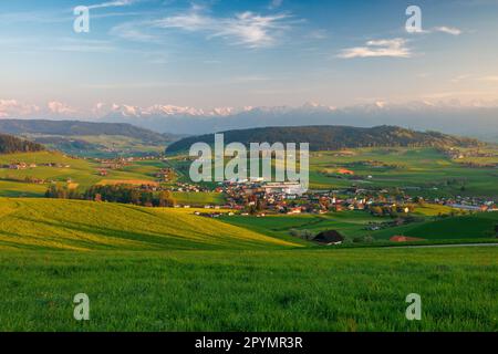 view of Biglen towards the alps in Emmental Stock Photo