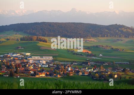 view of Biglen towards the alps in Emmental Stock Photo