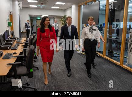 Home Secretary Suella Braverman arrives at the Metropolitan Police Central Communications Command in London, to see policing preparations for the coronation of King Charles III and the Queen Consort at the weekend. Picture date: Thursday May 4, 2023. Stock Photo