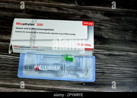 Cairo, Egypt, May 2 2023: Human anti-D (Rh) immunoglobulin Rhophylac 300 μg micrograms 1500 IU for IV or IM injection for prevention of Rh(D) immuniza Stock Photo