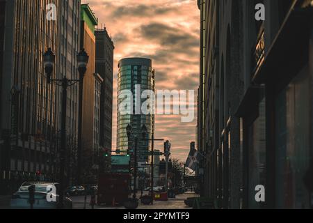 The Indianapolis skyline illuminated by warm evening sun rays, with the downtown area in the center Stock Photo