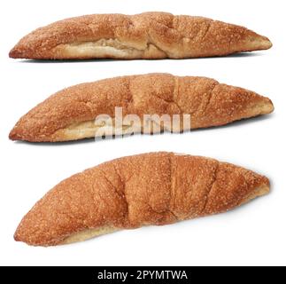 set of freshly baked sweet sugar coated buns, sprinkled sugar and toning, isolated on white background with different angles Stock Photo