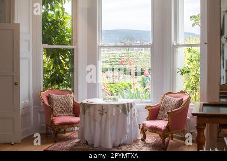 A vintage cozy dining room set-up featuring a table and two armchairs placed near a window. Stock Photo
