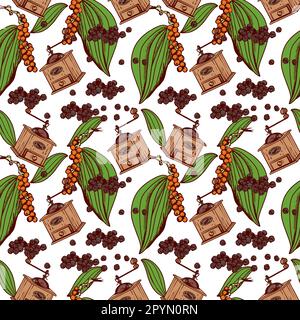 Black pepper seamless pattern. Vector illustration of a plant with leaves, dried black peas and pepper grinders. Botanical illustration of labels, pac Stock Vector