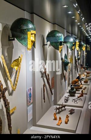 The golden burial masks and armors of ancient Macedonian warriors, are the most impressive exhibits in the Museum of Pella, Macedonia, Greece. Stock Photo