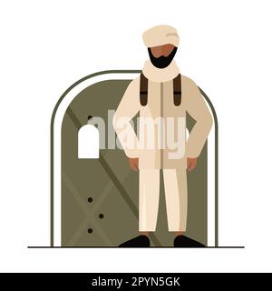 Muslim man refugee flat illustration. Against the background of the doors to the bomb shelter. Escape from the country, hiding from the war Stock Vector