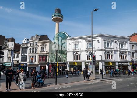 Liverpool city centre at the junction of Church street and Ranelagh street with St. Johns tower. Stock Photo