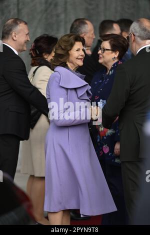 TARTU 20230504 Queen Silvia at the farewell ceremony after visiting the Estonian National Museum in Tartu, Estonia. The royal couple is on an official Stock Photo
