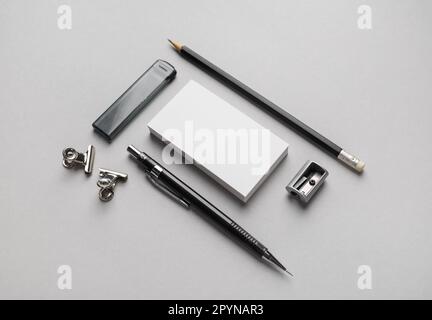 Blank stationery template on gray paper background. Mockup for design presentations and portfolios. Stock Photo