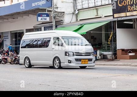 Thailand, Phuket - 03.31.23: White Toyota Commuter Hiace with big alloy