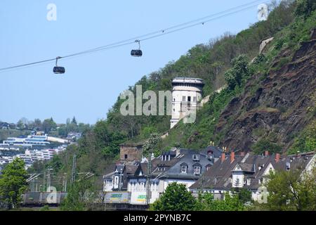 Ehrenbreitstein, cliffs with a white tower in Koblenz Stock Photo