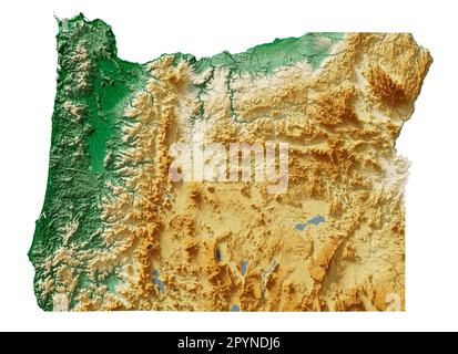 The US state of Oregon. Highly detailed 3D rendering of shaded relief map with rivers and lakes. Colored by elevation. Created with satellite data. Stock Photo