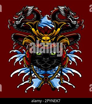 samurai cat and dragon Stock Vector