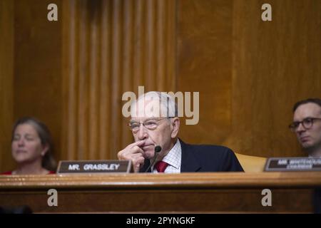 Washington, United States. 04th May, 2023. Sen. Chuck Grassley, R-IA, speaks during a Senate Budget Committee hearing on 'The Default on America Act: Blackmail, Brinkmanship, and Billionaire Backroom Deals' at the U.S. Capitol in Washington, DC on Thursday, May 4, 2023. Photo by Bonnie Cash/UPI Credit: UPI/Alamy Live News Stock Photo