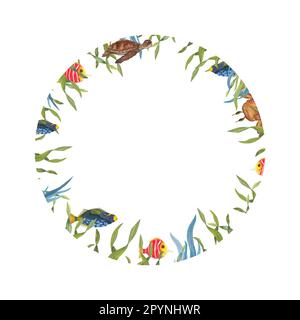Watercolor frame with turtle, crab, fishes, weeds isolated on white background. Illustration for wallpaper, print, baby textile, logo, scrapbooking Stock Photo