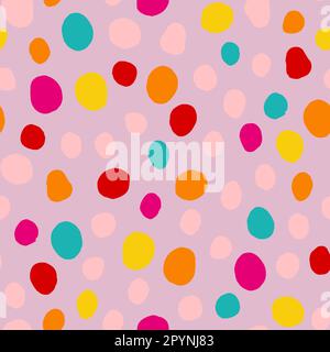 Seamless simple polka dots pattern. Colorful hand-drawn circles on Pink background. Abstract bright points ornament. Vector light illustration for bab Stock Vector