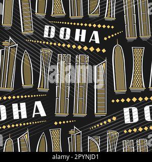 Vector Doha Seamless Pattern, square repeating background with illustration of financial doha city scape on dark background for wrapping paper, decora Stock Vector