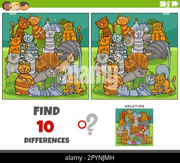 Cartoon illustration of finding the differences between pictures educational game with cats animal characters Stock Vector