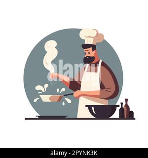 Man cooking in kitchen. Bearded male chef. Person cooking food. Man cooking at home. Cartoon vector illustration isolated on white. Stock Vector