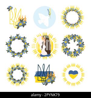 Vector set of elements with Ukrainian symbols, a dove of peace, a coat of arms decorated with spikelets and flowers, a flower wreath in yellow and Stock Vector