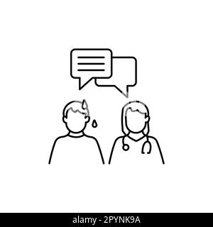 Female Woman Doctor wear stethoscope talking consultation with male patient icon design. Bubble chat and list text vector illustration. Stock Vector
