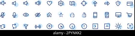 Simple minimalistic ui icons. Sound, arrows, user etc. Website navigation symbols. Pixel perfect, editable stroke icons Stock Vector
