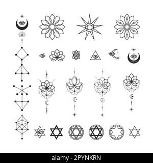 Astrological symbols of the moon sun stars, Esotericism and magic, Tattoo designs, Vector linear illustration. All-seeing eye Pentagram Stock Vector