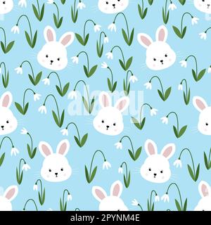 Seamless pattern white bunnies and spring snowdrops Stock Vector