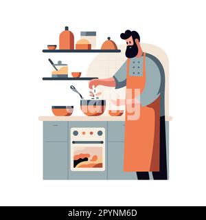 Man cooking in kitchen. Bearded male chef. Person cooking food. Man cooking at home. Modern cartoon vector illustration isolated on white. Stock Vector