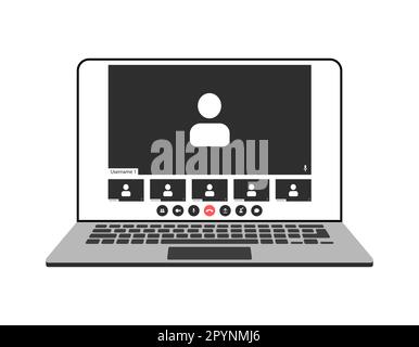Videocall interface, video call screen icons and UI template for laptop, vector overlay. Video conference or videocall online chat mockup for laptop Stock Vector