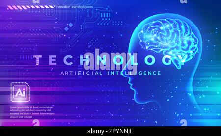 AI technology concept artificial abstract human side face and glowing brain with chip circuit board elegant purple pink blue tone background Stock Vector