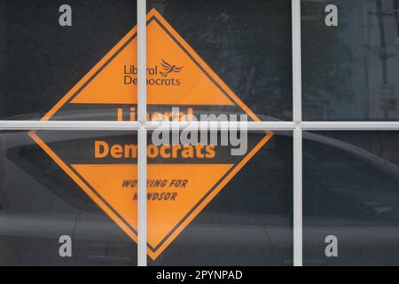 Windsor, Berkshire, UK. 4th May, 2023. An advert for the Liberal Democrats in a house window in Windsor on Local Elections Day. Windsor has been a safe Conservative seat for many years but both the Green Party and Liberal Democrats have been campaigning for people to vote for them instead. Credit: Maureen McLean/Alamy Live News Stock Photo