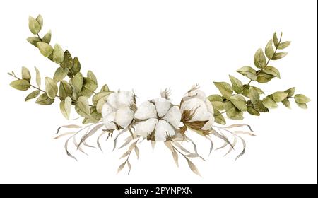 Cotton and Eucalyptus on isolated background. Hand drawn watercolor illustration for greeting cards or wedding invitations in pastel beige colors. Bouquet with dried plants. Floral rustic drawing Stock Photo