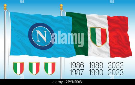 Napoli SSC footbal club winner of italian soccer championship 2022-2023, team flag and italian flag with scudetto, vector illustration Stock Vector