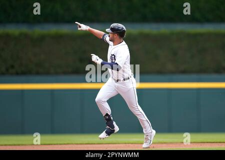 Detroit Tigers Zack Short wears a Red Wings hockey helmet as celebrates in  the dugout after hitting a three-run home run against the Kansas City  Royals, Wednesday, May 24, 2023, in Kansas