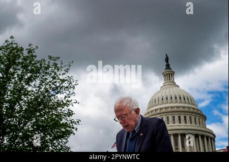 Washington, United States Of America. 04th May, 2023. United States Senator Bernie Sanders (Independent of Vermont) steps away from the lectern following remarks during a press conference on the minimum wage at the US Capitol in Washington, DC, Thursday, May 4, 2023. Credit: Rod Lamkey/CNP/Sipa USA Credit: Sipa USA/Alamy Live News Stock Photo