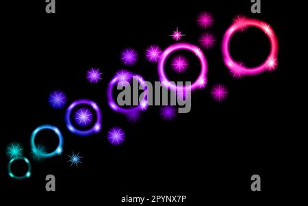 Abstract, multicolored, neon, bright, glowing circles, balls, bubbles, planets with stars on a black background of space. The background. Vector illus Stock Vector