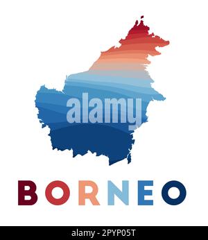 Borneo map. Map of the island with beautiful geometric waves in red blue colors. Vivid Borneo shape. Vector illustration. Stock Vector